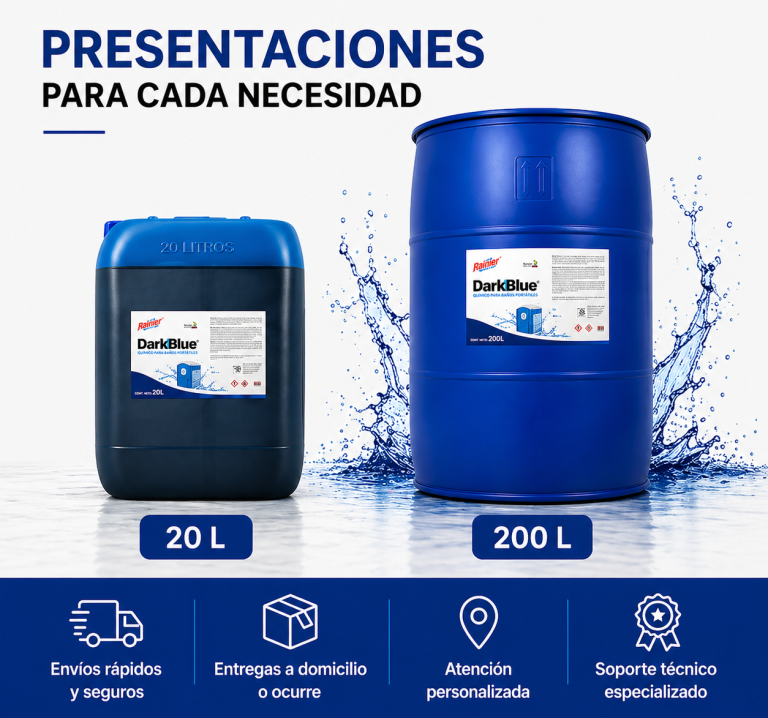 Bidón 20 litros Dark Blue desinfectante para sanitarios portátiles. Tambo 200 litros Dark Blue químico para baños portátiles alto volumen